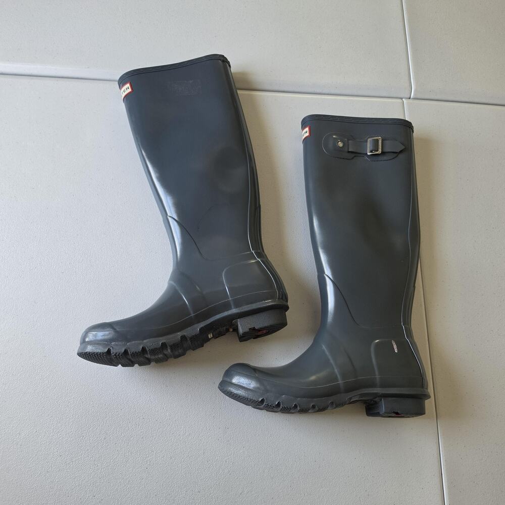 Hunter Rain Boots Womens Size 8 Gray Knee High Rubber Waterproof Logo Buckle - Picture 4 of 12